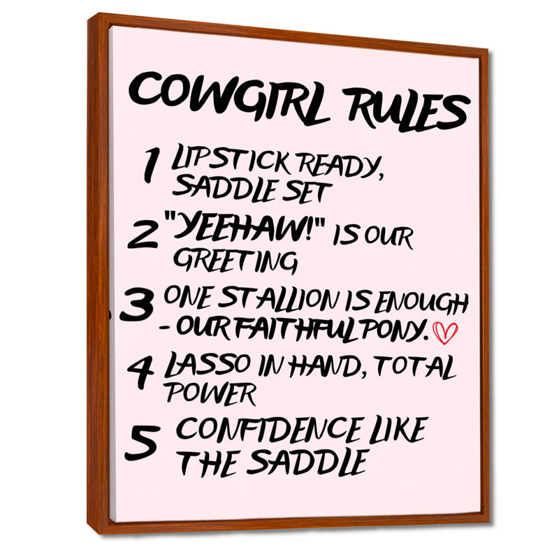 5 règles de Cowgirl - décoration murale, Toile avec cadre flottant brun, H 40 po x l 30 po x P 1,5 po