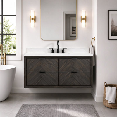 Meuble-lavabo transitionnel 48 po en bois massif brun foncé avec plateau en marbre