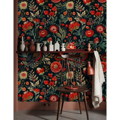 Rouleau de papier peint à motif floral rouge et noir vibrant