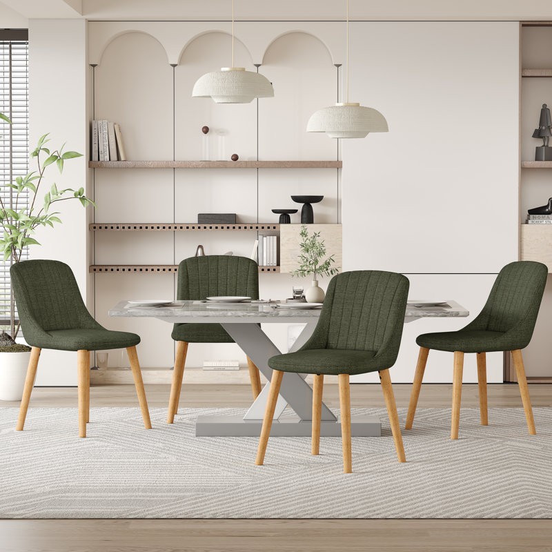 48.5cm H Upholstered Dining Chairs With Wooden Legs, 4, Green Linen/Natural