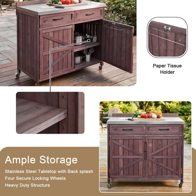 39.4" Outdoor Kitchen Island With Stainless Table Top, Dark Brown