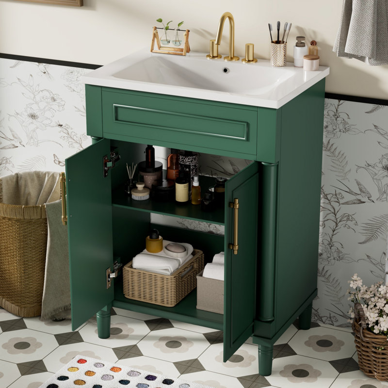 Bathroom Vanity With Sink, Bathroom Cabinet With 2 Doors, For Bathroom, Bathroom Vanity For Organization, Green