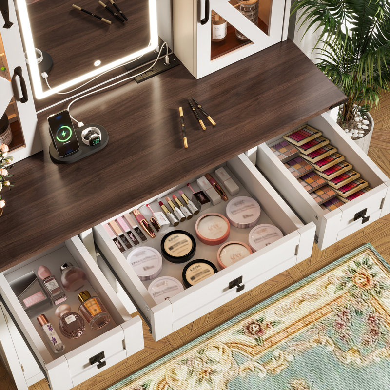 43.3" Farmhouse Makeup Vanity Desk With Lighted Mirror, Vanity Table Set With Storage Stool And Charging Station, Dressing Table With Sliding Barn Door Hidden Shelves & 3 Drawers & 4 Cabinets, Beige