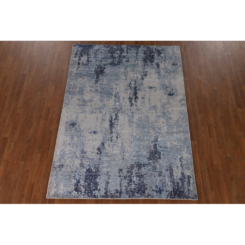 Tapis oriental bleu et gris abstrait 5 x 8