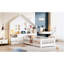 Lit simple blanc avec fenêtre, tiroirs de chevet, douilles et support de rangement simple