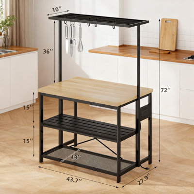 Îlot de cuisine avec support pour micro-ondes, étagère de rangement à 3 niveaux et 5 crochets, support de boulanger en métal et en bois polyvalent pour la salle à manger et le salon