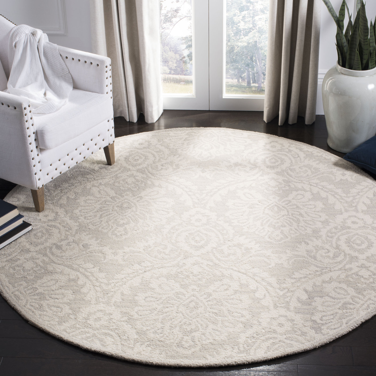 Tansy Silver Ivory Hand-Tufted Floral Wool Rug, Round 6'
