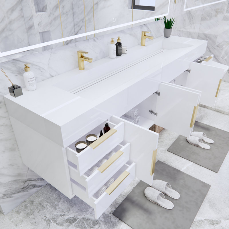 Ensemble de meuble-lavabo double mural 83 po Glasgow, Blanc ultrabrillant, Blanc