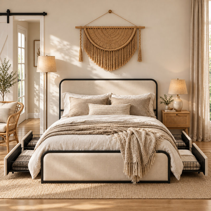 Henos Upholstered Standard Bed with Drawers, Queen, Beige&Black