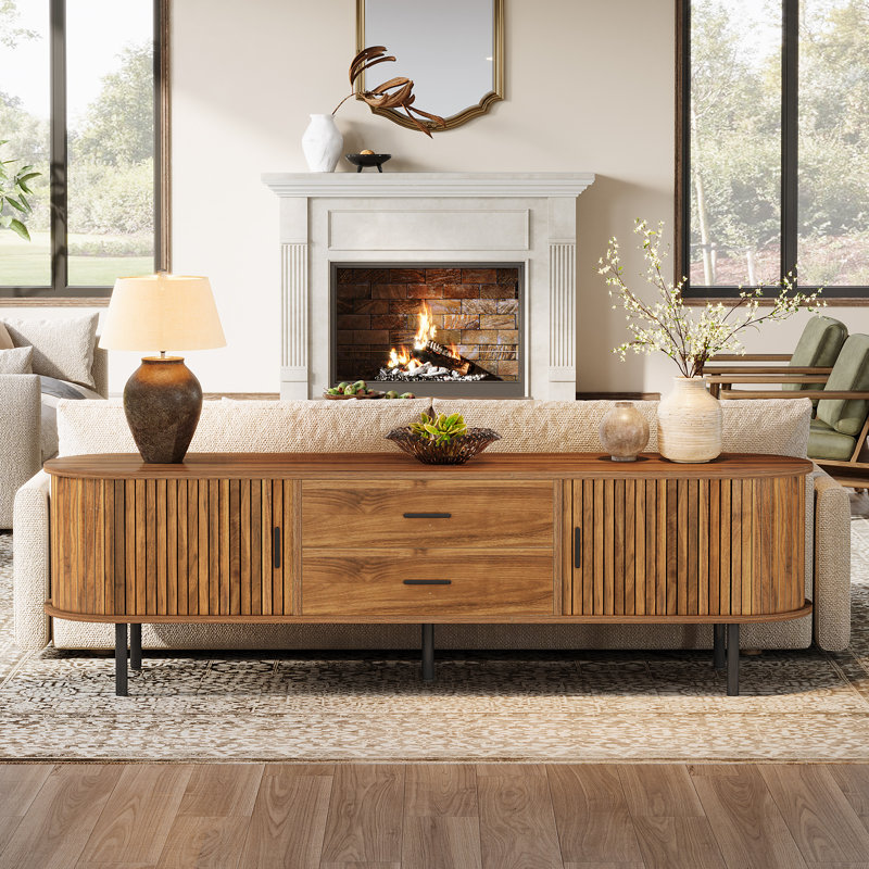 70" Mid-century Modern Low Console Cabinet, Walnut