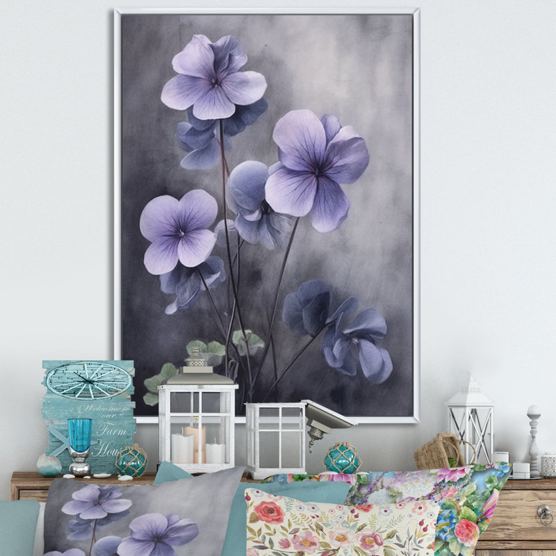Mauve gris, violettes, rêve I - art mural floral, H 44 po x l 34 po x P 1,5 po, Cadre flottant blanc