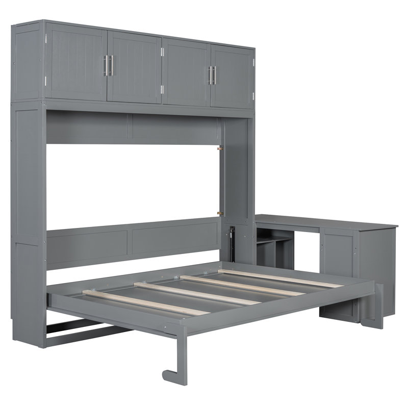 Grand lit escamotable mural avec bureau, tablettes de rangement et grandes armoires, Gris