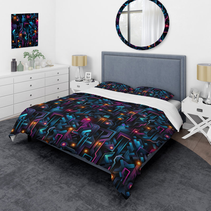 Ensemble de housse de couette en microfibre Blue And Purple Futuristic Vibes Geometric II