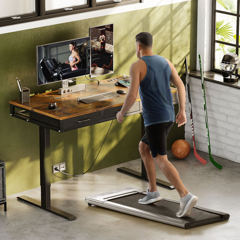 Electric Standing Desk With 3-tier Spacious Fabric Drawers, Height Adjustable Desk With Recessed Power Outlets, Sit Stand Table With Hidden Cable Management Tray
