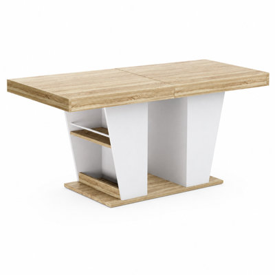 Table de salle à manger extensible 78,7 po avec tablettes de rangement, naturel et blanc
