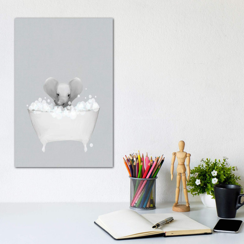 Elephant Blue Bath by Leah Straatsma - Wrapped Canvas Print, 20.32 cm H x 30.48 cm W