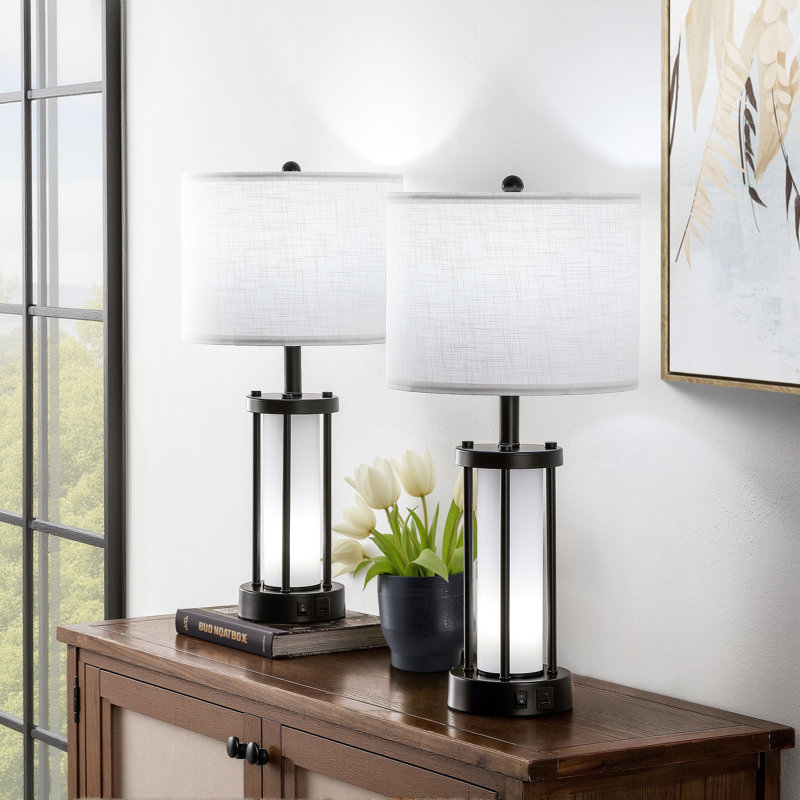 25" Black Metal Table Lamp Set with USB Type-C Ports and Built-in Outlet