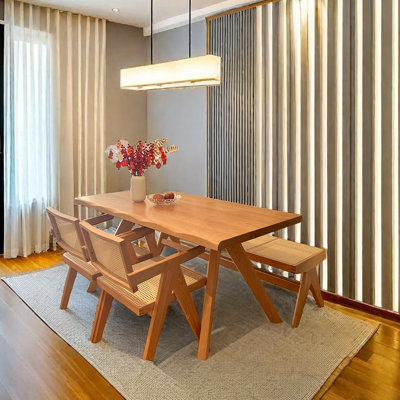 A Combination Of Thick Bench Tables And Chairs 4 - Person Solid Wood Solid Wood Top Four Leg Dining Set