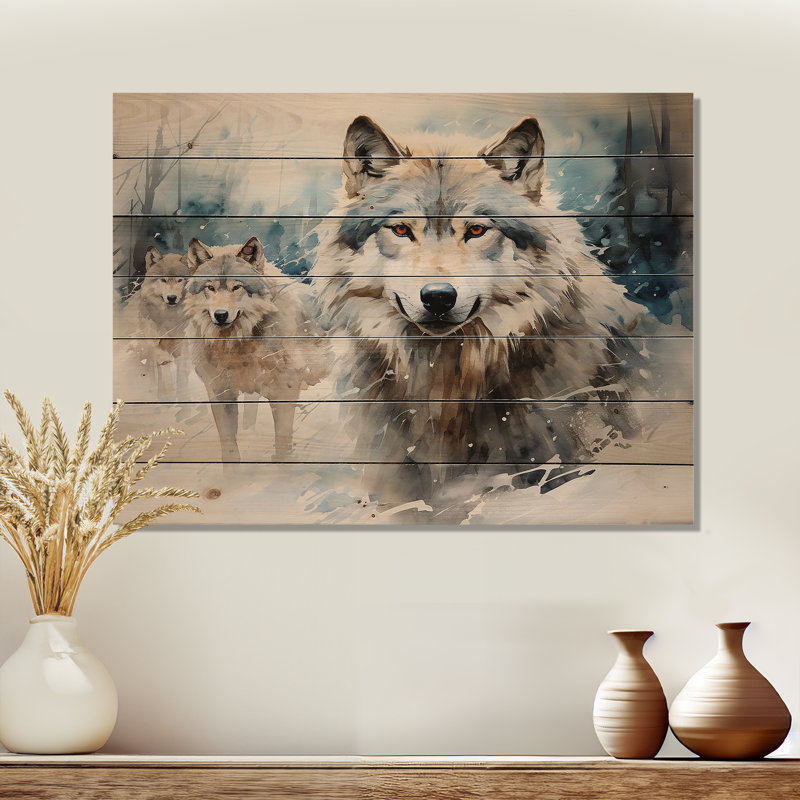Snow Wolves In Winter I - loup sur bois, H 10 po x l 20 po