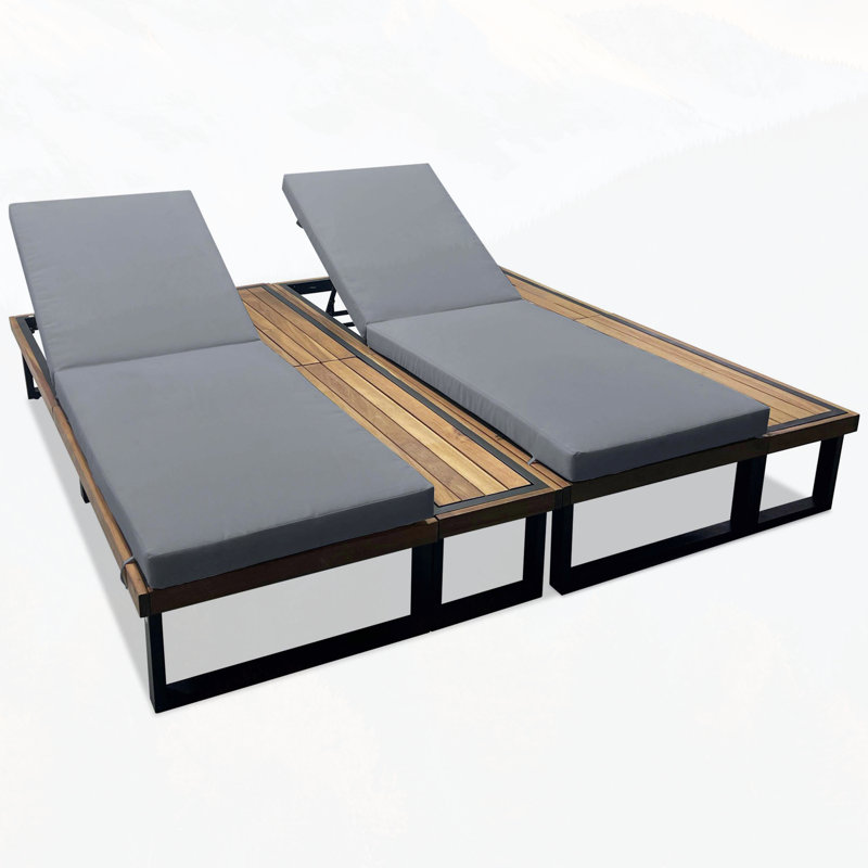Outdoor Chaise Lounge Chair Set of 2 with 5-Position Adjustable Backrest , Reclinings with Cushions, Patio Loungers with Wood Side Table, Sturdy Frame for Poolside, Garden, and Backyard