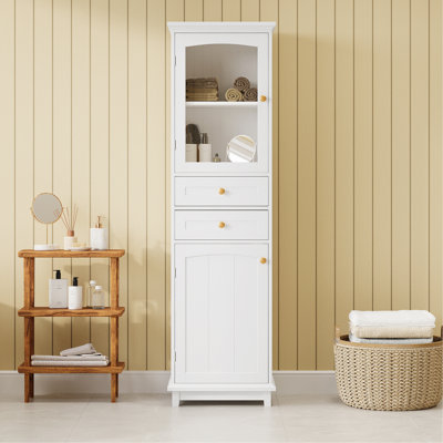 Stylish Bathroom Storage Cabinet With Glass Doors, Drawers And Adjustable Shelves, Ideal For Organizing And Displaying Bathroom Essentials.