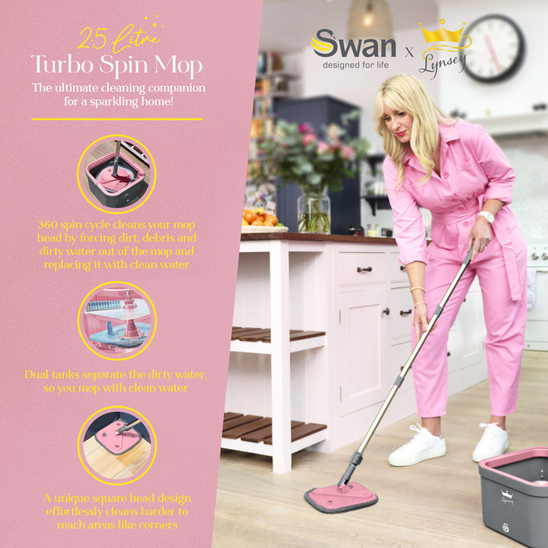 Swan x Lynsey SWFC1002QOCN Turbo Spin Mop with Rinse and Wring 360° Spin Cycle, Two 2.5L Water Tanks, Collapsible Handle, Microfibre Pad and Machine Washable Heads, Pink and Grey
