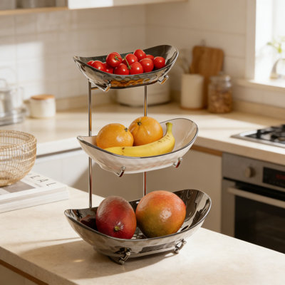 Panier à fruits en céramique à 3 niveaux avec support en métal - bol de service élégant pour les fruits, les légumes, les collations, les desserts et les présentoirs de fête - rangement de cuisine en porcelaine robuste et plateau décoratif