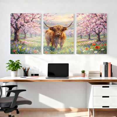 Highland Cow In Cherry Blossom Garden Oil Painting Print Canvas Wrapped Wall Art Set Of 3 For Living Room Bedroom Home Decor