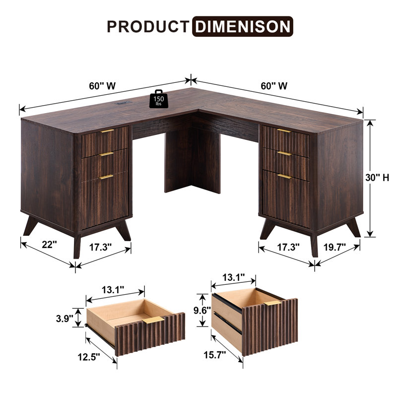 Bureau de direction en L 59 po, Noyer foncé