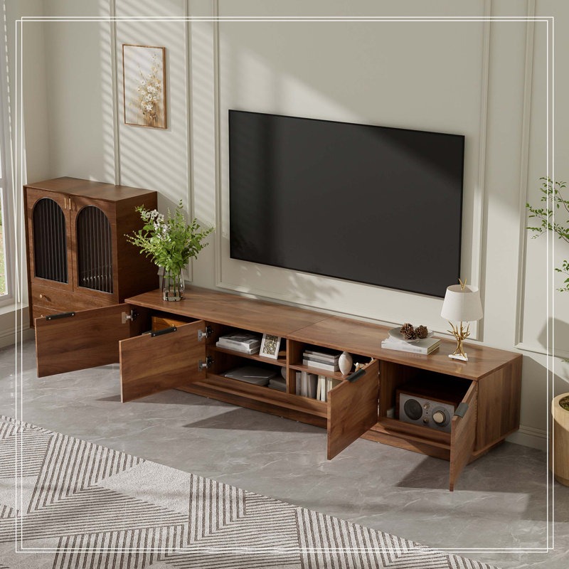 Meuble télé 78 po pour téléviseur de 85 po ou moins, centre de divertissement avec porte cannelée et gestion des câbles, charnières à fermeture en douceur pour le salon