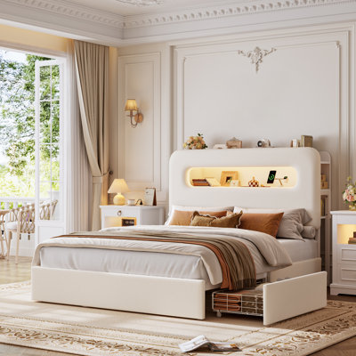 Ensemble de chambre à coucher intelligent et lumineux 3 pièces - Lit de rangement DEL et commode à DEL avec station de recharge