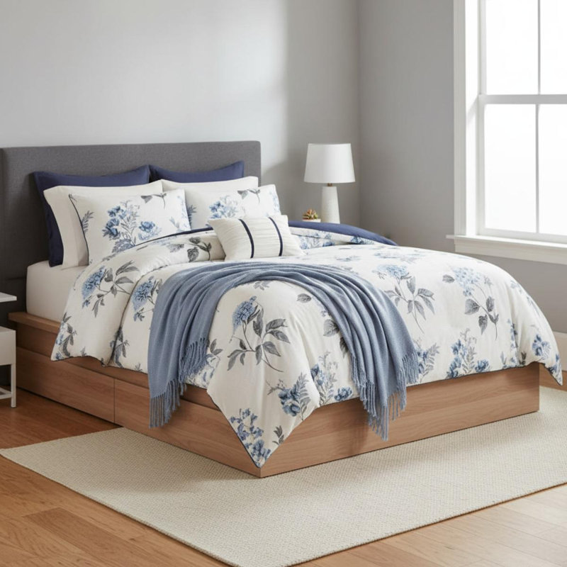 Ensemble d'édredon imprimé 7 pièces avec jeté bleu