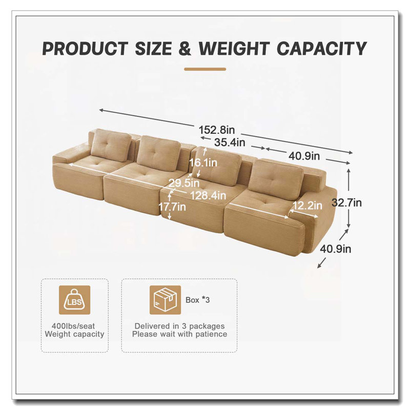 Canapé modulaire en tissu Corduroy, Chameau