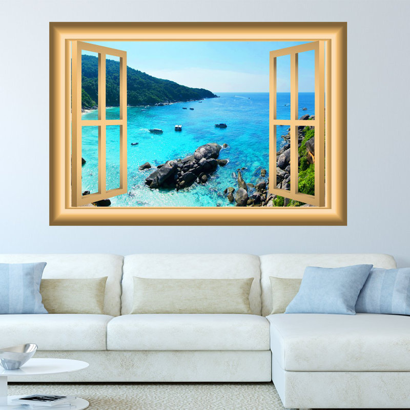 Décalcomanie murale nature de fenêtre ocean, H 36 po x l 46 po x P 0,01 po