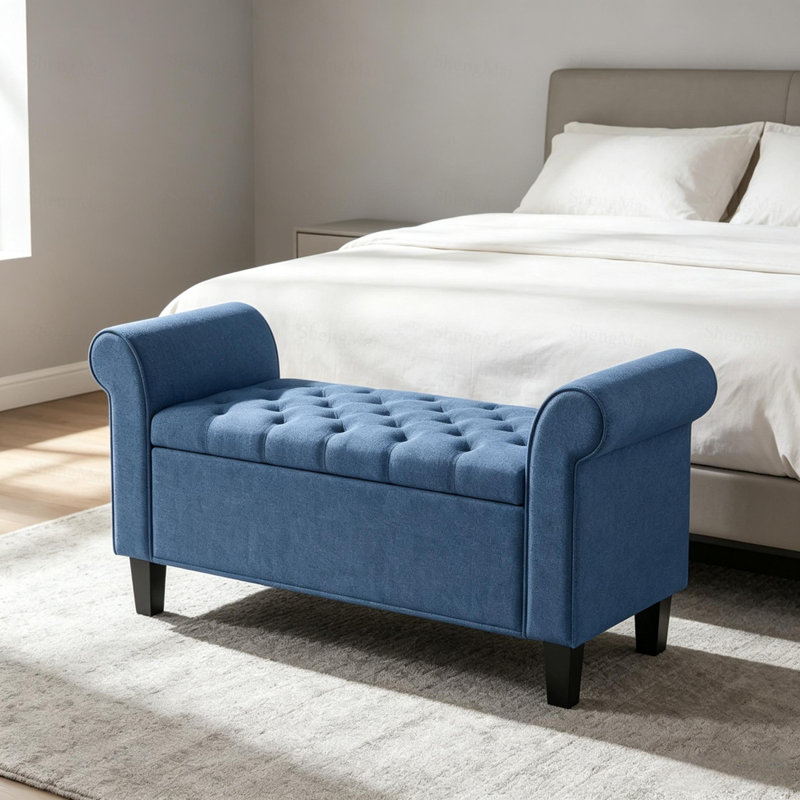 Banc de rangement capitonné avec accoudoirs arrondis, pouf de rangement avec charnière de sécurité et pieds en bois massif pour le pied de lit