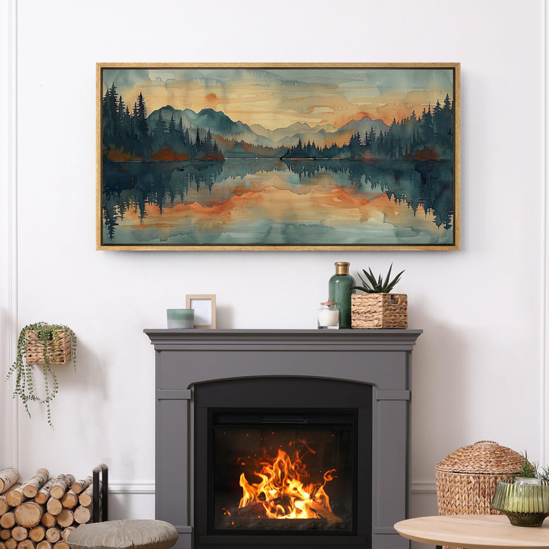 «Abstract Landscape», orange, vert, paisible, lac, forêt, très grande œuvre d'art, photo murale encadrée, H 30 po x l 60 po