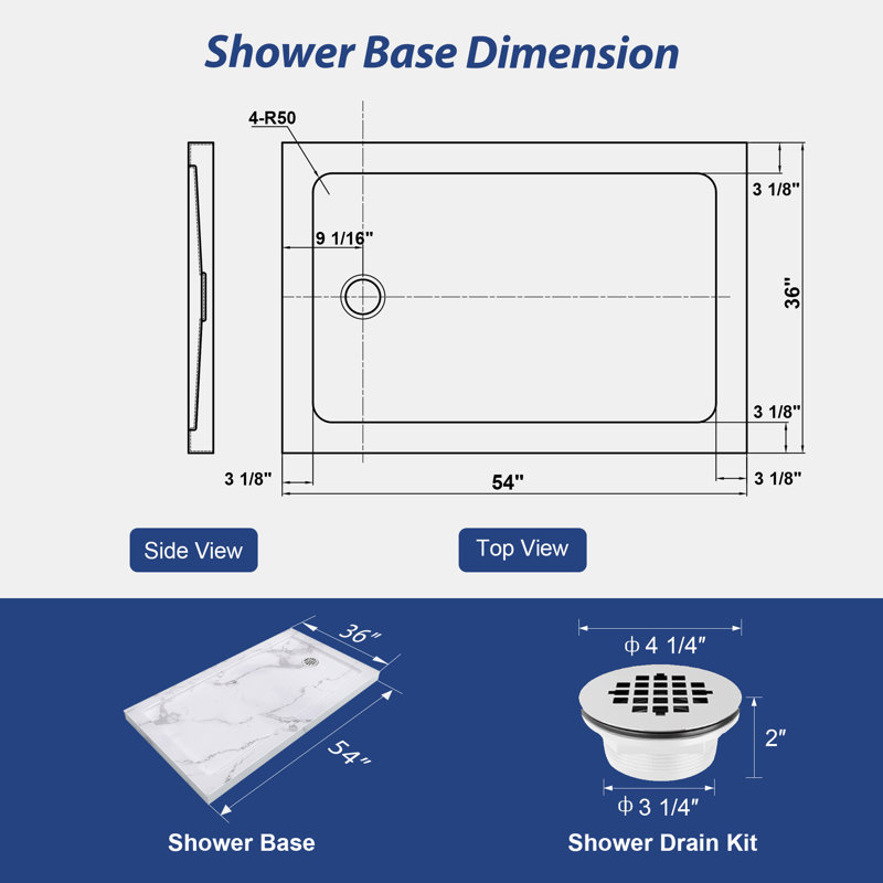 54"W x 36"D Rectangle Shower Base in Marble White with Reversible Drain, Anti-Slip Acrylic Shower Pan with Detachable Flanges, cUPC Certified