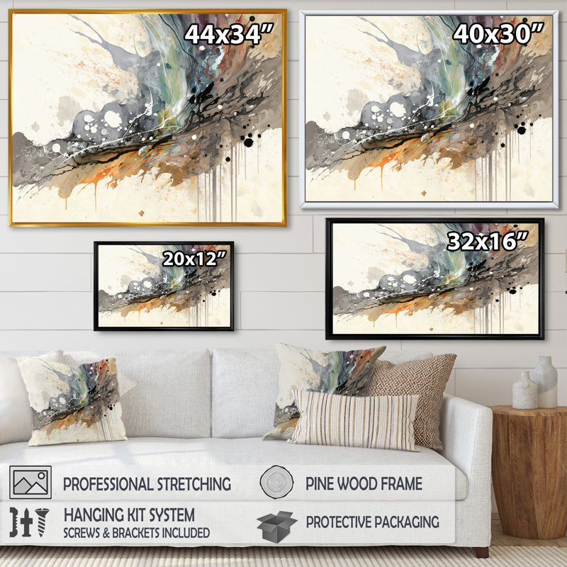 «Jazz Rhythms In Shades Of Grey III», art abstrait à l'encre liquide, Cadre flottant noir, H 30 po x l 40 po x P 1,5 po