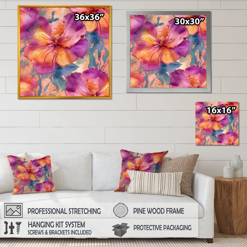 Ronalie, fleurs d'hibiscus mauve et orange sur toile, Cadre photo noir, H 24 po x l 24 po x P 1 po