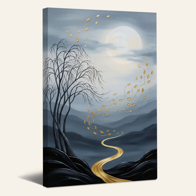 Moonlit Tree with Golden Leaves and River Canvas Wall Art