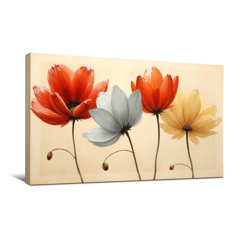Plantes et fleurs, art sur toile rouge, blanc, orange et jaune, H 24 po x l 48 po