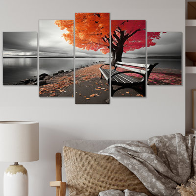 Lake Chromatic Embrace In Red - Lake House Cottage Canvas Art Print - 5 Panels