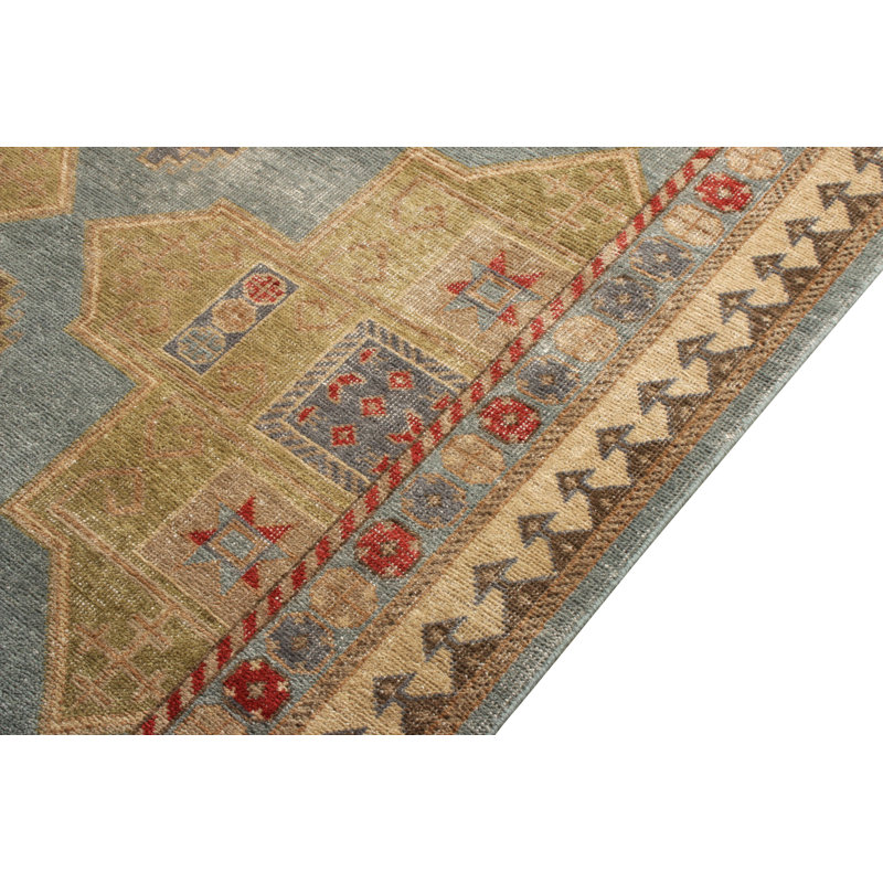 Distressed Homage Hand Knotted Wool Geometric Area Rug in Green, Blue, Beige, Red, Rectangle 9' x 12'