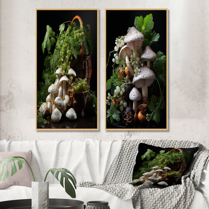 Photo de jardin d'un champignon I - ensemble de 2 décorations murales champignon, Encadrement brun, H 40 po x l 41 po