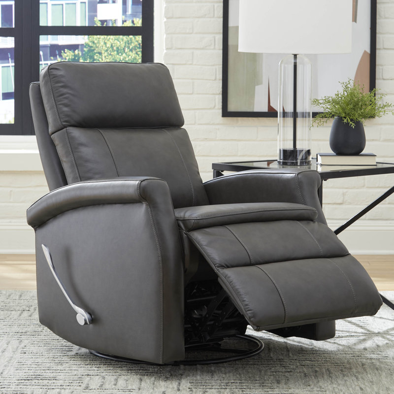 32" Top Grain Leather Manual Swivel Glider Recliner with Rolled Arms, Raven