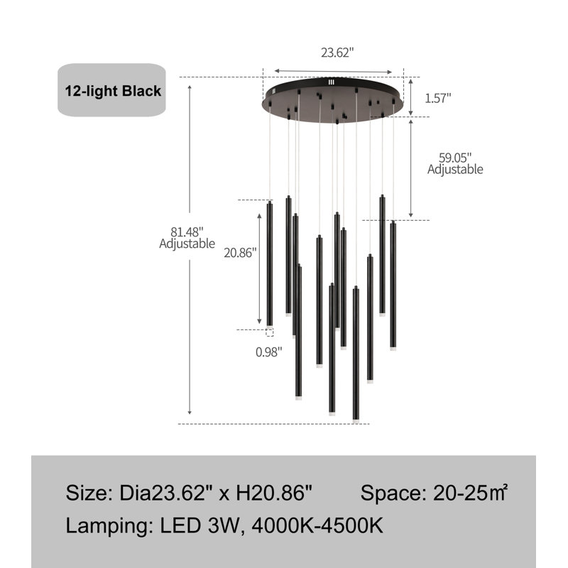 Lustre cascade 12 lumières 12 lumières A, Noir mat