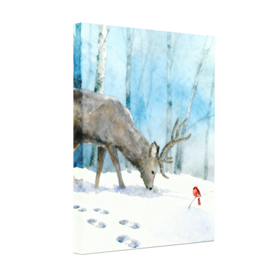 Cerf de Noël dans la neige avec oiseau rouge et empreintes de pieds, ensemble de 3 impressions sur toile
