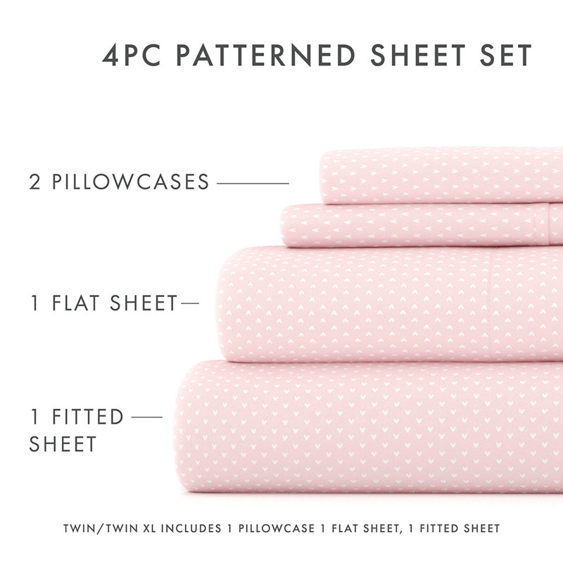 Home My Heart Pattern Microfiber Sheet Set, Pink, Queen Sheet Set + 1 Fitted Sheet + 2 Pillowcases