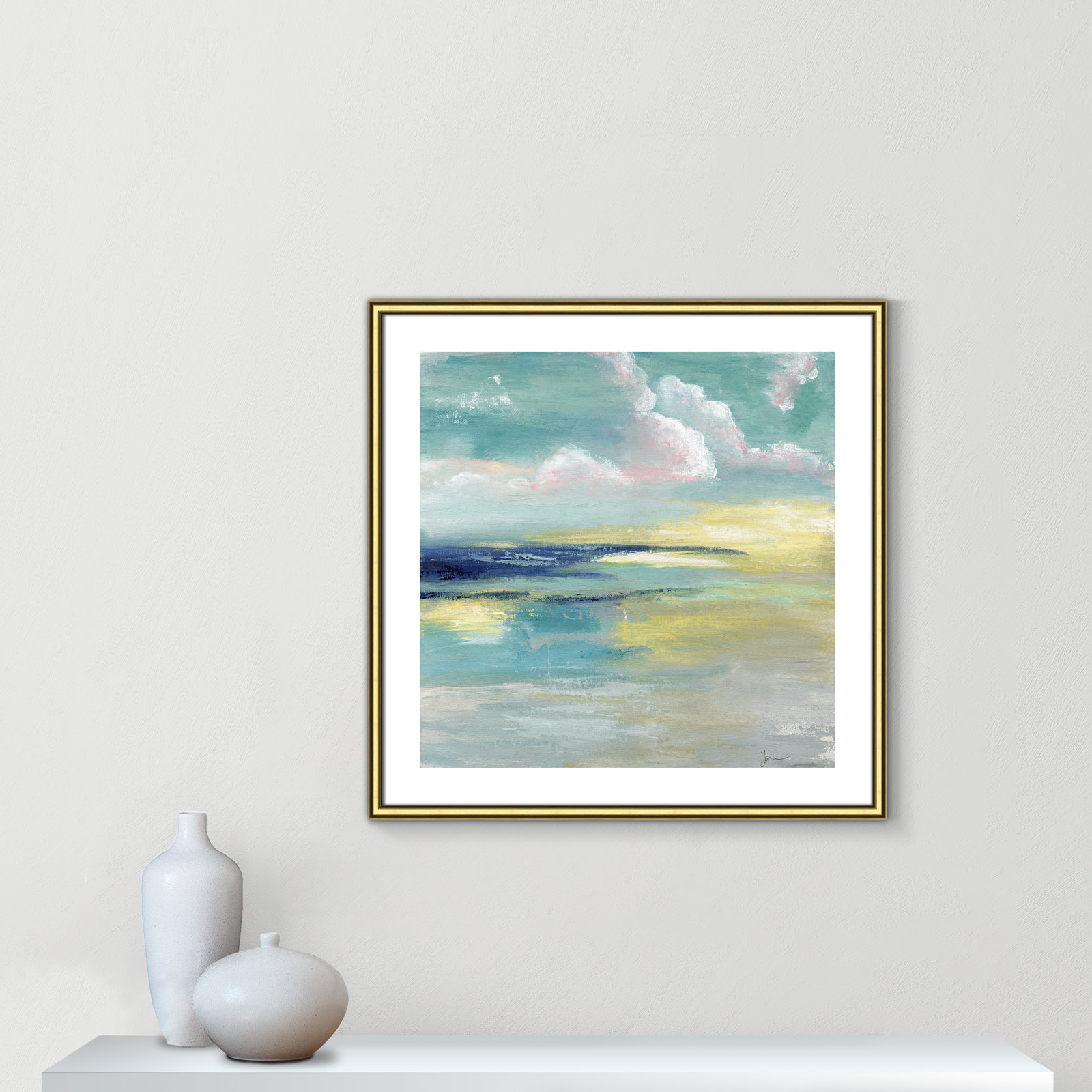 Bertie "Ocean View" Painting by Tava Studios, 28.75" H x 28.75" W x 0.88" D, Gold Framed Paper