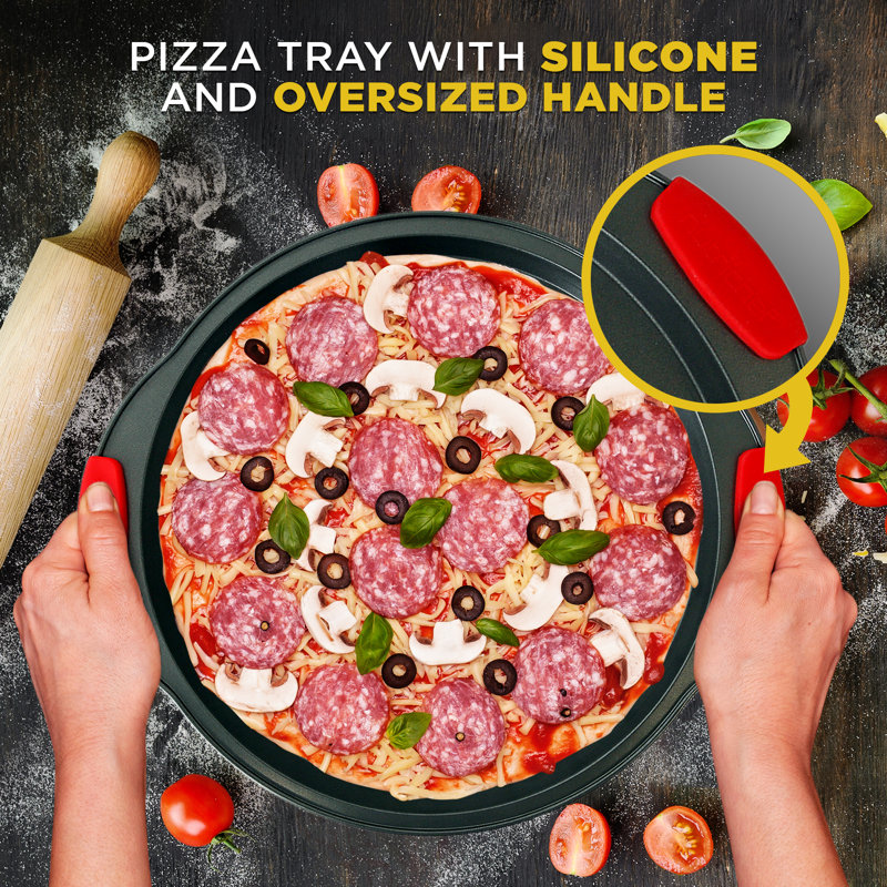 Round Black Non-Stick Pizza Tray with Red Silicone Handles